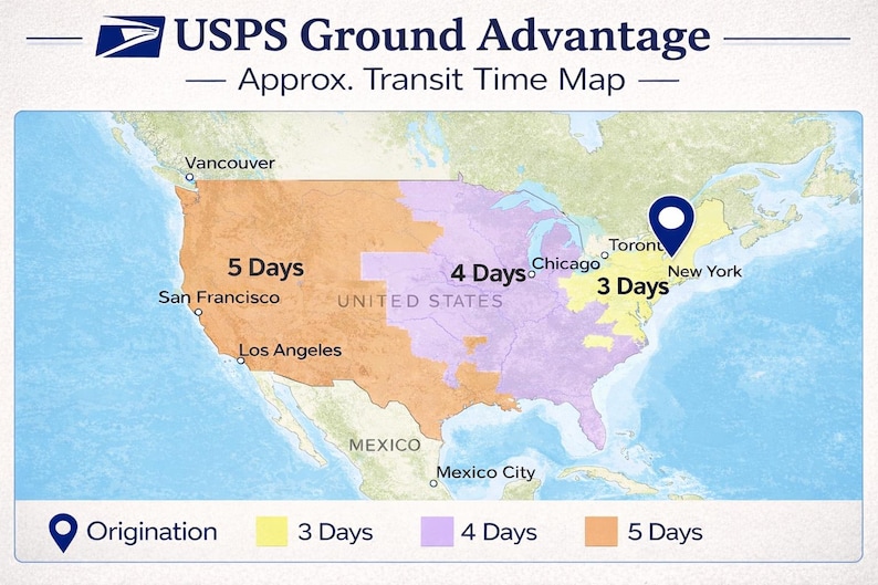 The image is a map of the United States, showing the approximate transit time for different ground delivery routes. It includes the cities of Vancouver, Toronto, New York, and Los Angeles, along with the cities of San Francisco, Chicago, and Mexico City. The map provides the number of days for each route, ranging from 3 days to 5 days.