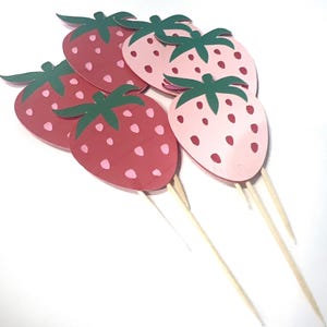 Strawberry Cupcake Toppers, Berry First Birthday Party, Summer strawberry, Food Picks