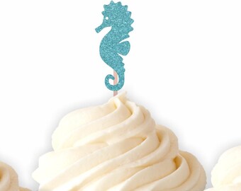 Seahorse Cupcake Toppers, Glitter Topper, Ocean Party decor, Birthday Party, Under The Sea, Mermaid birthday, Beach Party