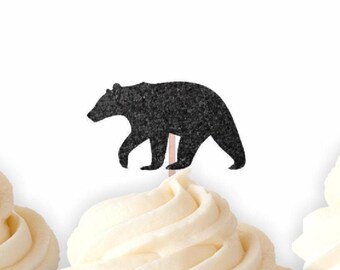 Bear Cupcake Toppers, glitter Cupcakes, Woodland Party, Forest Party, Lumberjack Party, Buffalo Plaid, Bear Food Picks