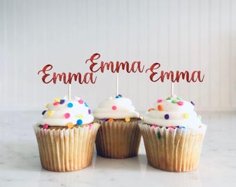 Custom Name Cupcake Picks: Glitter Party Toppers - Personalized Birthday Decor,