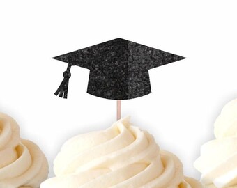 Glitter Graduation Cap Cupcake Toppers - Class of 2027, High School Grad, College Party