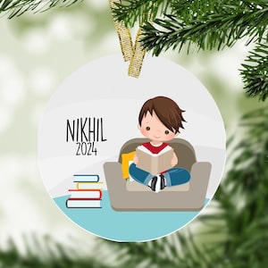 Reading Boy Personalized Christmas Ornament - Book Lover Ornament, Book Worm, Reading Ornament, Gift For Reader