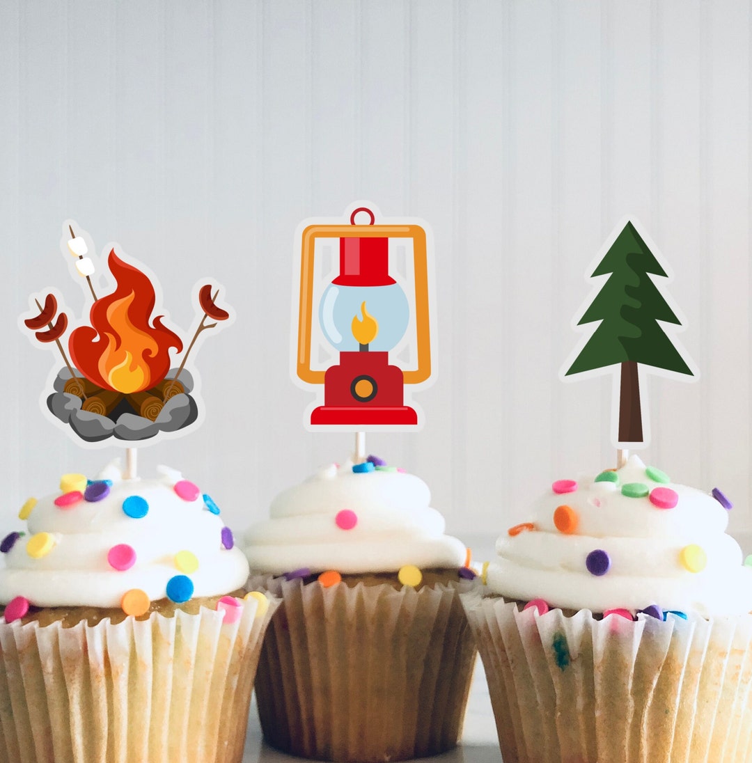 Camping Cupcake Toppers Camp Theme Birthday Party Woodland Etsy