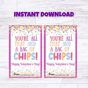 Printable Valentine - Potato Chips Tags - Snack Tag - Bag of chips - Preschool Snack Label - Kids Valentine