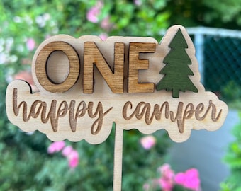 One Happy Camper Cake Topper - Wood 1st Birthday Cake topper, Camping Birthday Party, Woodland cake topper,
