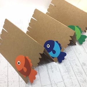Étiquettes pour les plats sur le thème de la pêche, Cartes de table pour le premier anniversaire, Fête d'anniversaire sur le thème de la pêche, Fête du grand événement