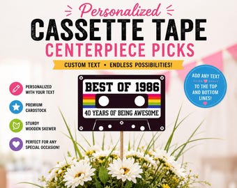 Personalized Cassette Tape Centerpiece Picks | Custom Retro Party Decorations | Music Theme Birthday | 80s 90s Party Decor
