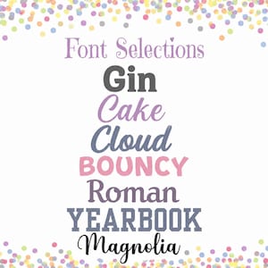 a selection of font names, including "Gin", "Cake", "Cloud", "Bounce", "Roman", and "Yearbook", along with the word "Magnesia" at the bottom.