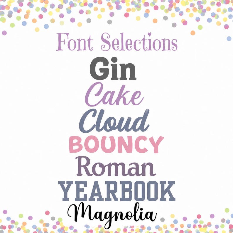 a selection of font names, including "Gin", "Cake", "Cloud", "Bounce", "Roman", and "Yearbook", along with the word "Magnesia" at the bottom.