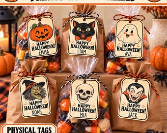 Personalized Halloween Treat Bag Tags, Vintage Halloween Favor Tags, Printed Kids Classroom Party Tags