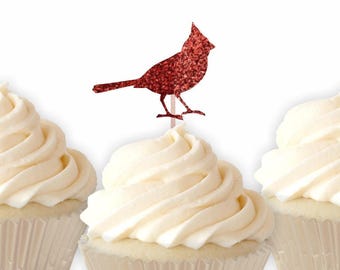 Cardinal Cupcake Toppers, Christmas Party Decorations, Holiday Party, Christmas Cupcake Toppers, Bird Food Picks