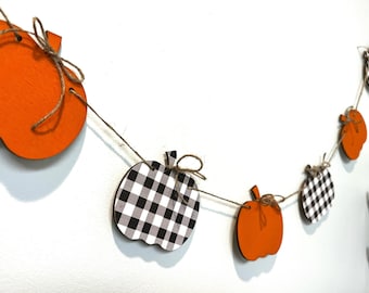 Fall Pumpkin Garland Seasonal Decor: Plaid and Painted Pumpkins, Birch Wood Craft,  Fall Mantel Banner