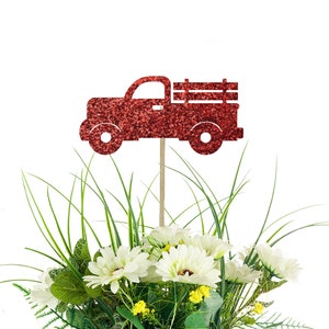 Red Farm Truck Centerpiece Picks, Glitter Sticks, Farm Theme, Birthday Party, Table Decoration, Baby Shower, Christmas Tree Farm
