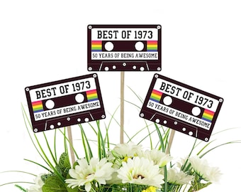 50th Birthday Party Centerpiece Picks - Best of 1973 Birthday, Vintage 50th Birthday, Cassette Tape, 70's Party