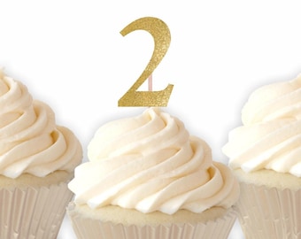 Two Cupcake Toppers - Second Birthday Party Decorations, Glitter topper, 2nd Birthday, Dessert Table, Smash Cake