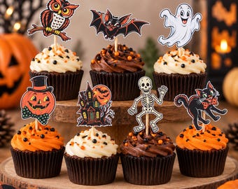Vintage Halloween Cupcake Toppers, Retro Halloween Party Decorations, Ghost Skeleton Pumpkin and Black Cat Food Picks