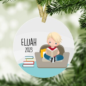 Reading Boy Personalized Christmas Ornament - Book Lover Ornament, Book Worm, Reading Ornament, Gift For Reader