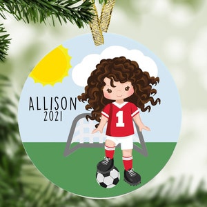Soccer Player Personalized Christmas Ornament - Red Uniform, Keepsake ornament, girls soccer, soccer team,