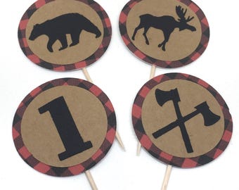 Lumberjack Cupcake Toppers - First Birthday, Birthday Party, Wilderness theme, food Picks, Woodland Party