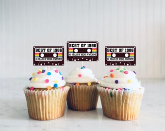 Best of 1986  40th Birthday Party Cupcake Toppers - Vintage Cassette Tape, 80's Party