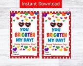 You Brighten My Day Valentine's Day Printable Tag - Sunglasses Instant Download - Kids Non-Candy Valentine