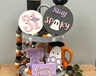 Pastel Halloween Tiered Tray Decor - Pink and Purple Halloween  Signs - Girly Halloween