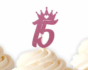15 Cupcake Toppers, Quinceanera Party Decorations, Crown 15 Food Picks, 15th Birthday Party Decorations, Quince, Quinceañera Cupcake Toppers