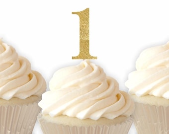 One Cupcake Toppers Set - First Birthday Party Decor - Glitter #1 Topper