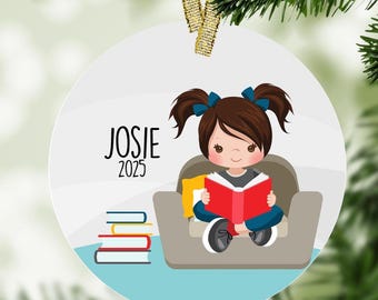 Reading Girl Personalized Christmas Ornament - Book Lover, Book Worm Ornament, Personalized Gift, Reading lover, Gifts for girls