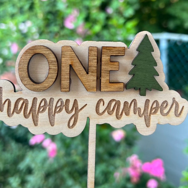 One Happy Camper Cake Topper - Wood 1st Birthday Cake topper, Camping Birthday Party, Woodland cake topper,