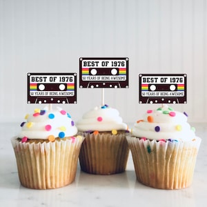 50th Birthday Party Cupcake Toppers - Best of 1976 Birthday, Vintage 50th Birthday, Cassette Tape, 70's Party