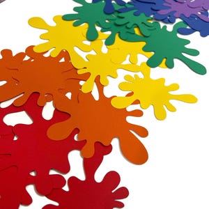 May include: A collection of paper cutouts in the shape of paint splatters, featuring a vibrant rainbow spectrum of red, orange, yellow, green, blue, and purple. These flat, solid-colored shapes are arranged in a scattered, overlapping pattern.