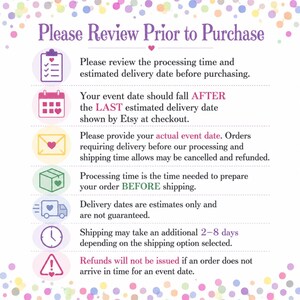 a list of instructions for a prior purchase, including a review process, estimated delivery date, providing the actual event date, processing time, estimated delivery date, delivery dates, and shipping options.