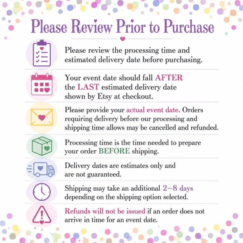 a list of instructions for a prior purchase, including a review process, estimated delivery date, providing the actual event date, processing time, estimated delivery date, delivery dates, and shipping options.