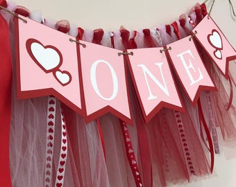 Valentine First Birthday One High Chair Banner - Little Sweetheart 1st Birthday Photo Prop Girl - Pink Red tutu