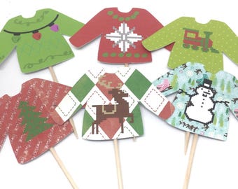 Ugly Christmas Sweater Party Cupcake Toppers - Christmas food Picks, Party Decorations