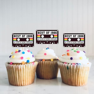 40th Birthday Party Cupcake Toppers - Best of 1986 Birthday, Vintage 40th Birthday  Cassette Tape, 80's Party