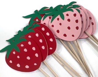 Strawberry Cupcake Toppers, Berry First Birthday Party, Summer strawberry, Food Picks