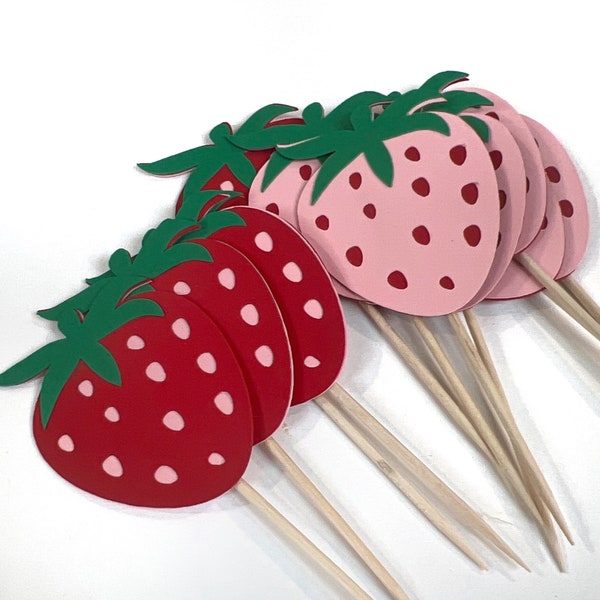 Strawberry Cupcake Toppers, Berry First Birthday Party, Summer strawberry, Food Picks