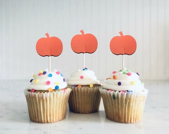 Pumpkin Cupcake Toppers - Halloween Party, food Picks, Fall Wedding, Party Decorations, Thanksgiving Dessert, Little Pumpkin