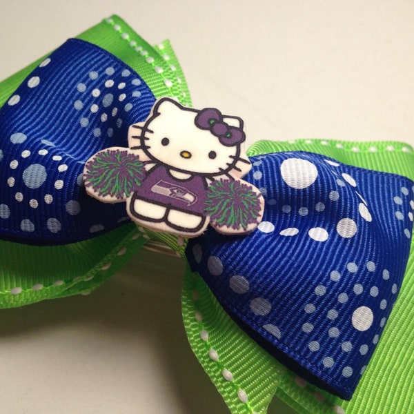 Seattle Seahawks Hello Kitty Cheerleader Football Hair Bow 5" -  Blue & Green Boutique - Girls Clip  - French Barrette Super Bowl