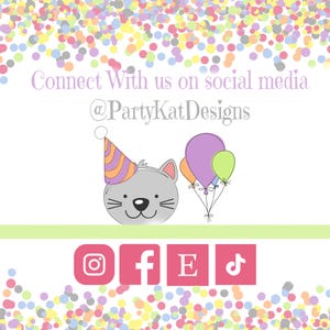 a cat with a party hat and balloons