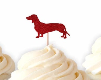 Dachshund Cupcake Toppers - Dog Birthday Decoration, Vet Grad Party Decor, Weiner Dog Cupcake Toppers