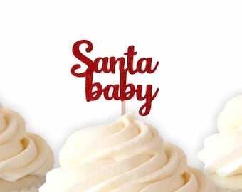 Santa Baby Cupcake Topper – Glitter Christmas Baby Shower Decorations, Winter Baby Cupcake Picks, December Baby Party Décor