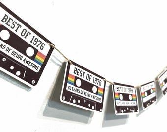 Best Of 1976 Party Banner Vintage Cassette Tape, Retro 70s Style, 50th Birthday Decoration