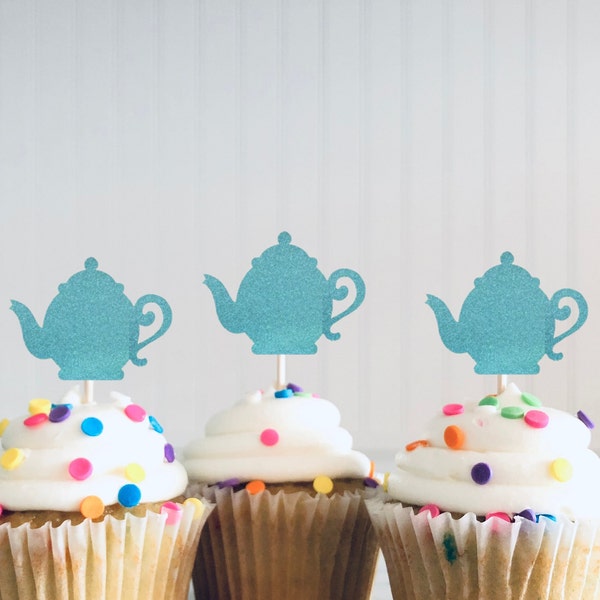 Teapot Glitter Cupcake Toppers, Tea Party Decorations, Wonderland Cupcake Toppers, Garden Party, Birthday Party, Gender Reveal