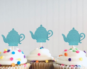 Teapot Glitter Cupcake Toppers, Tea Party Decorations, Wonderland Cupcake Toppers, Garden Party, Birthday Party, Gender Reveal