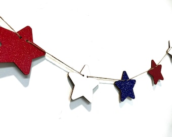 Stars Garland, Patriotic Banner, Glitter Stars, July 4th, Memorial Day, Home Decor, Red white and Blue