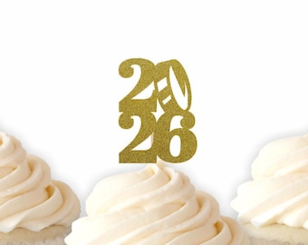 2026 Hockey Glitter Cupcake Toppers - Hockey Player, Graduation Party Cupcake Toppers, Class of 2026, High School Grad,